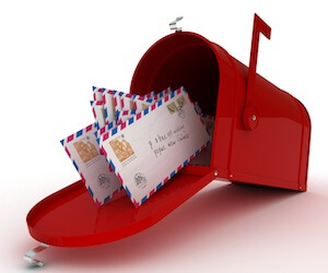 Red mail box with letters.